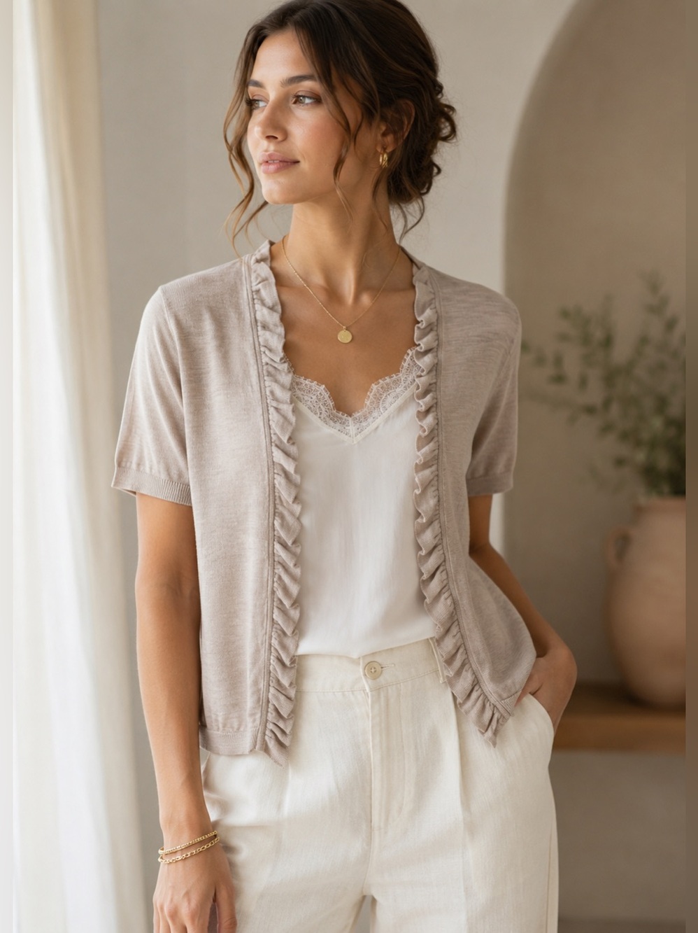 August Silk Ruffle Trim Lightweight Cardigan XL
